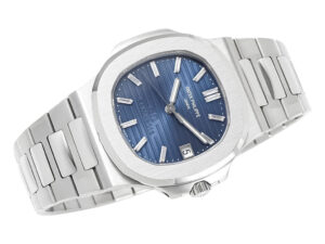 Nautilus Stainless Steel '40th Anniversary' watch with blue dial (40mm) featuring a sleek silver bracelet and date display.