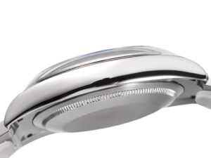 Side view of the Oyster Perpetual 36 Stainless Steel watch showcasing its polished casing and detailed craftsmanship.