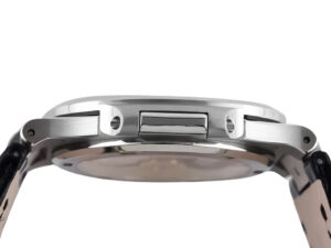 Side view of the Nautilus Stainless Steel watch with grey dial and leather strap, showcasing its sleek 40mm case design.