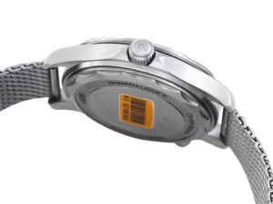 Side view of the Seamaster Diver 300 Titanium ‘No Time to Die’ (42mm) watch, showcasing case back and mesh bracelet design.