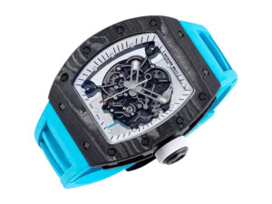 RM055 Bubba Watson watch with a white dial, black bezel, visible skeleton movement, and blue rubber strap (49mm).