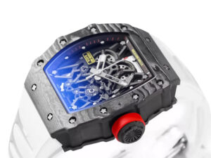 RM 35-02 Rafa watch with black bezel, red markers, white rubber strap (49mm), and visible skeletonized dial on product page.