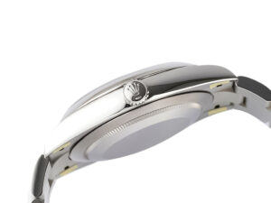 Side view of the Oyster Perpetual 41 Stainless Steel watch, showcasing its sleek profile and polished metal finish.