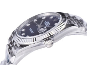 Datejust 41 Stainless Steel on Jubilee bracelet with Diamond Blue Dial and Fluted Bezel, side angle view.