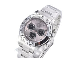 Cosmograph Daytona stainless steel watch with a grey sunburst dial, featuring three subdials and a sleek metal bracelet.