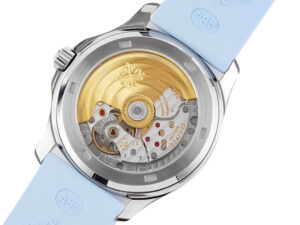 Back view of the Aquanaut Luce Stainless Steel Diamond Blue watch, showing its intricate automatic movement and blue strap.