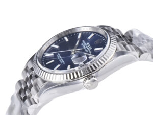 Datejust 36 Stainless Steel on Jubilee with Blue Dial, Fluted Bezel, and Cyclops lens over date window displayed side view.