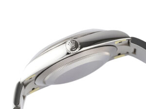 Side view of the Oyster Perpetual 41 Stainless Steel watch showcasing its sleek profile and polished finish on the case.