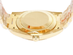 Rear view of the Day-Date 40 Yellow Gold ‘President’ watch showcasing its case back and gold bracelet.