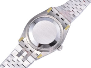 Back view of the Datejust 36 Stainless Steel on Jubilee bracelet, showcasing the brushed caseback and fluted bezel detailing.