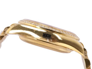 Side view of the Day-Date 36 Yellow Gold 'President' watch featuring a diamond bezel and luxurious gold finish.
