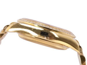 Side view of the Day-Date 36 Yellow Gold 'President' watch showcasing its diamond bezel and polished yellow gold case.