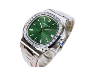 Nautilus Stainless Steel watch with a green textured dial, diamond bezel, and 40mm case displayed on a product page.