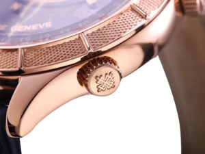 Close-up of the Celestial Only Watch in rose gold, showcasing intricate details on the crown and textured case edge.