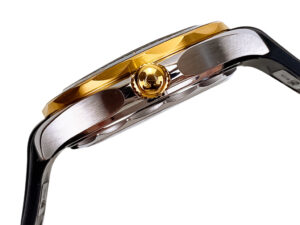 Side view of Seamaster Diver 300 Stainless Steel watch with gold bezel, black rubber strap, and intricate crown detailing.