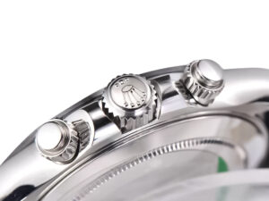 Side view of Cosmograph Daytona Stainless Steel Oysterflex, showcasing the crown and pushers with intricate detailing.