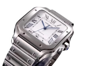Santos Large Stainless Steel Watch with White Dial, 40mm case, featuring Roman numerals and a sleek polished metal bracelet.