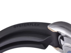 Close-up of Cosmograph Daytona Stainless Steel watch with black Oysterflex strap and part of the matte black 'Racing Dial'.