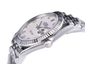 Datejust 41 Stainless Steel on Jubilee bracelet with Diamond Mother of Pearl Dial and Fluted Bezel, side angle view.