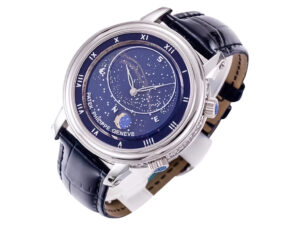 Celestial Stainless Steel watch featuring a blue dial with celestial design, silver-tone markers, and black leather strap.