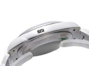 Side view of the Oyster Perpetual 41 Stainless Steel watch case, showcasing its polished finish and sleek design.