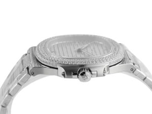 Side view of the Nautilus Stainless Steel 'Iced Out' (40mm) watch showcasing a diamond-encrusted bezel and sleek design.