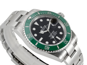 Submariner Date Stainless Steel 'Starbucks' (41mm) watch with green bezel, black dial, and silver Oyster bracelet.