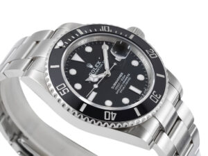 Submariner Date Stainless Steel watch with 41mm case, black dial, and unidirectional bezel displayed at an angle.