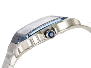 Side view of Santos Large Stainless Steel watch with white dial, blue bezel, sapphire cabochon crown, stainless steel finish.