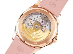 Rear view of Aquanaut Luce Haute Joaillerie Rose Gold Diamond Pink watch showing mechanical movement and rose gold details.