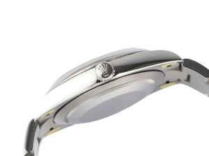 Side view of the Oyster Perpetual 41 Stainless Steel watch showing the polished caseback and crown emblem on the side.