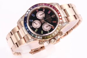 Rose gold Cosmograph Daytona 'Rainbow' watch with diamond bezel and multicolored gemstone hour markers on a sleek bracelet.