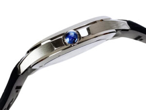 Side view of the Aquanaut Stainless Steel watch with a black dial (40mm), showcasing its blue crown and sleek design.