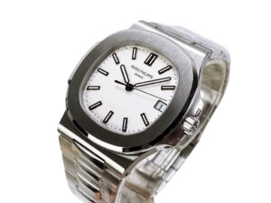 Nautilus Stainless Steel watch with a 40mm case, white dial, black hour markers, and a metal bracelet displayed at an angle.