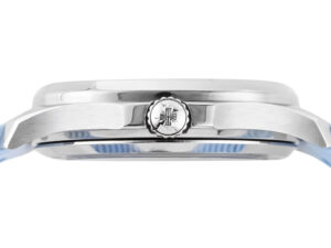 Side view of the Aquanaut Luce Stainless Steel Diamond Blue watch showcasing its stainless steel case and crown detail.