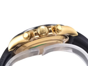 Side view of the Cosmograph Daytona Yellow Gold Oysterflex with diamond accents, showing its gold crown and pushers.