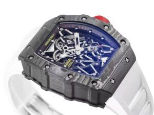 RM 35-02 Rafa watch with a black bezel, red markers, and white rubber strap (49mm), showcasing intricate skeletonized dial.