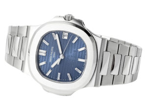 Nautilus Stainless Steel '40th Anniversary' watch with 40mm case and blue dial, displayed on a stainless steel bracelet.