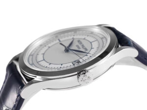 Side view of the Calatrava Stainless Steel 'Scientific' watch with a silver dial (38mm) and a blue leather strap.