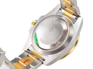 Back view of the Submariner Date 'Two Tone' watch in yellow gold and stainless steel, showcasing its case back and bracelet.