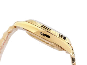 Side view of the Day-Date 40 Yellow Gold ‘President’ with Black Motif Dial and Fluted Bezel, showcasing its gold profile.