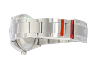Stainless steel bracelet of the Oyster Perpetual 36 with visible clasp and protective stickers, displayed from a side angle.