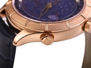 Close-up view of the Celestial Only Watch Rose Gold with Blue Dial, showcasing its detailed rose gold crown and side profile.