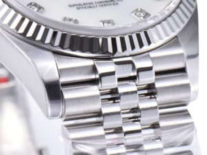 Close-up of Datejust 36 Stainless Steel on Jubilee bracelet with Fluted Bezel and Diamond Mother of Pearl Dial.