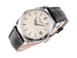Calatrava Stainless Steel with Ivory Dial (38mm) featuring a black leather strap and minimalist design, shown at an angle.