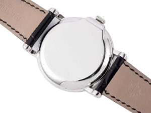 Back view of the Calatrava Stainless Steel watch, showcasing its polished case and stitched leather strap.