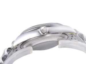Side view of the Datejust 36 Stainless Steel on Jubilee bracelet, showcasing the fluted bezel and crown with logo.