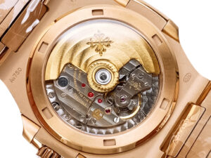 Close-up of the back view of the Nautilus Rose Gold (40mm) watch, showcasing its clear back case and intricate movement.