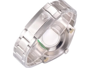 Alt text: Close-up of the clasp and case back of the Datejust 41 Stainless Steel on Oyster bracelet with polished finish.
