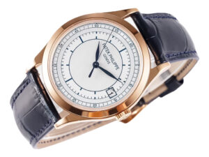 Calatrava Rose Gold 'Scientific' watch with silver dial (38mm) and black leather strap displayed at an angle.